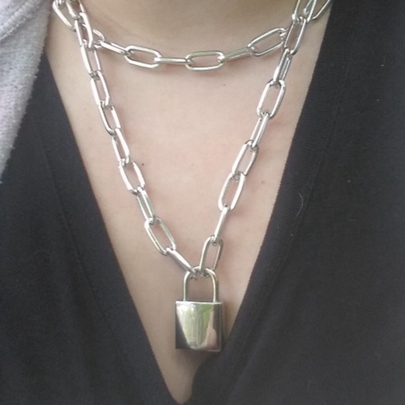 Double Layer Lock Chain Necklace Punk Chain Pendant Necklace