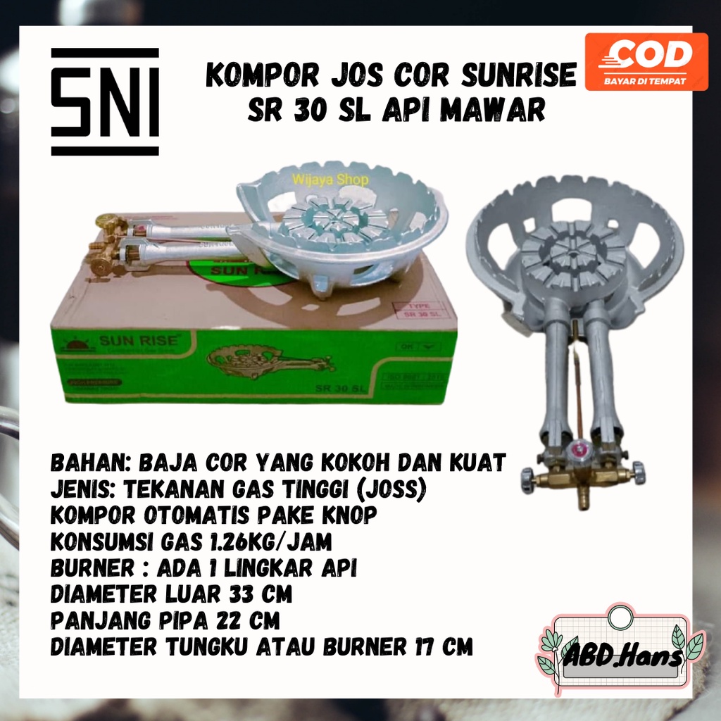 (ABD) Peralatan Rumah Tangga Kompor Jos Cor Sunrise SR 30 SL api mawar SNI Low Pressure Tekanan Rend