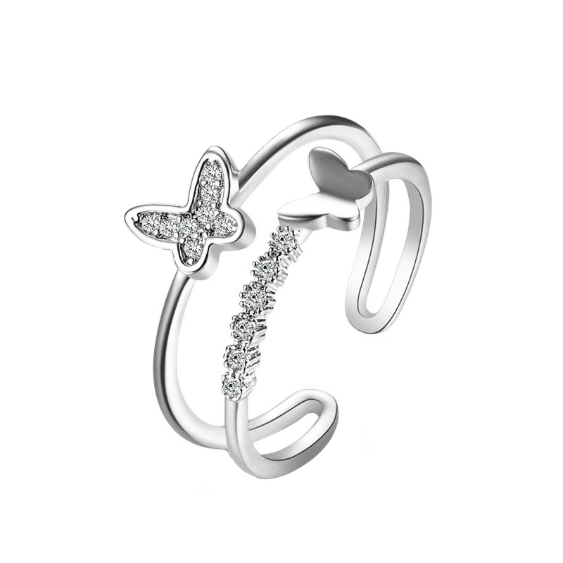 Korean Fashion Butterfly Rings Adjustable Double Butterfly Diamond Opening Ring Rose Gold Silver Jewellery