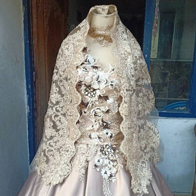 Baju wedding / gaun pengantin mocca+kerudung