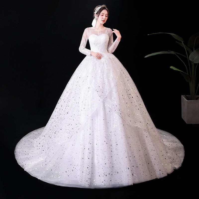 151 White Long Sleeve Long Tail Round Collar Bling Bling Women Wedding Party Gown Dress Bridal Gaun