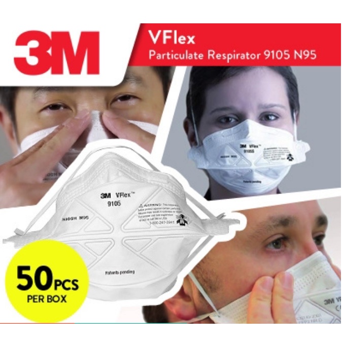 ORIGINAL!! 3M Masker N95 9105 VFlex Particulate Respirator - 1 Box isi [50 Masker]