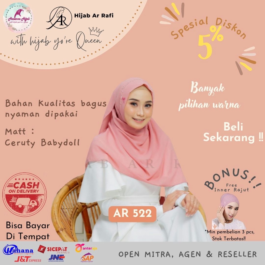 Kerudung Arrafi Terbaru AR 522 Hijab Pashmina Non Pet Anti Tembem Dengan Kombinasi Payet Arrafi Hija
