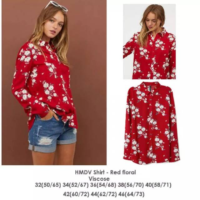 HNM H&M HMDV SHIRT RED FLORAL VISCOSE (44) KEMEJA WANITA JUMBO BIGSIZE KEMEJA JUMBO BIG SIZE ATASAN