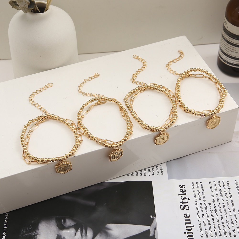 IFYOU Fashion Double Layer Gold Bracelet Simple Letter Pendant Metal Bracelet Women Jewelry Accessories