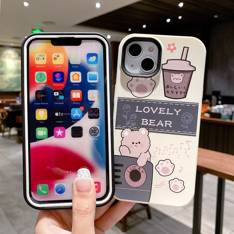 3 in 1 Casing Silikon Motif Milk Tea Bear Untuk iPhone 11 12 13 Pro MAX X XR XS MAX 7 8 Plus