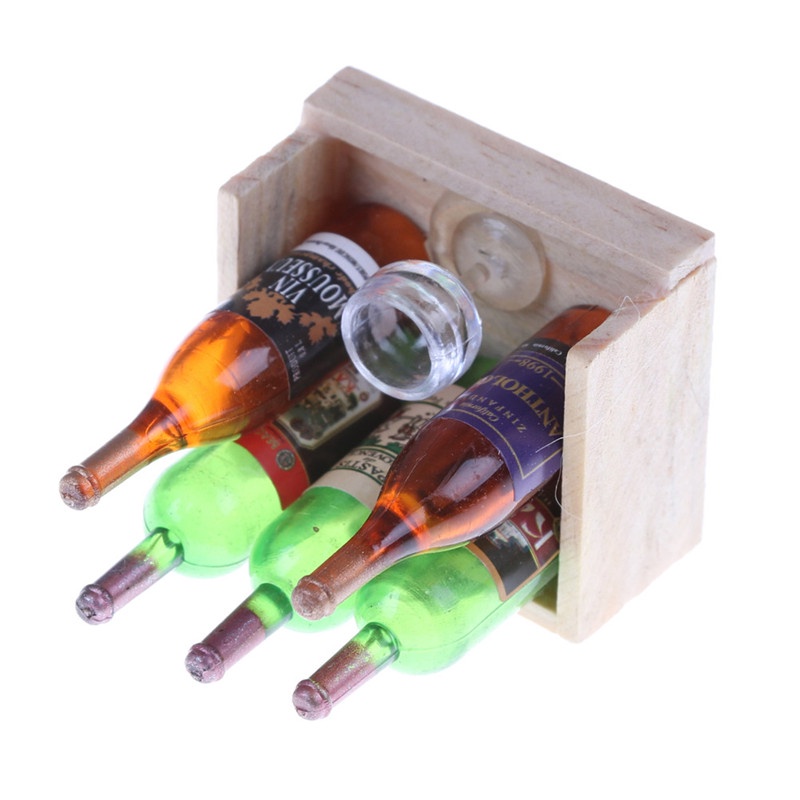 【beautifulhome12.id】Wine Juice Bottles Cup Wood Rack 1:12 Dollhouse Drink Miniature Accessory