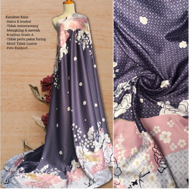Kain Dr Silk Original Motif Bunga Sakura harga setengah meter