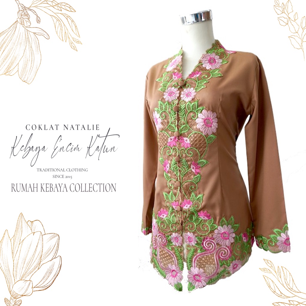 Kebaya Encim Kartini Katun Bordir Modern Coklat Natalie Lengan Panjang Bigsize Jumbo