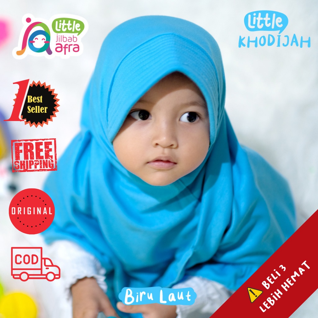 Jilbab Anak Little Khodijah Biru Langit - Jilbab Arfa - Bergo Jilbab Afra renda anak Lucu Bahan Kaos