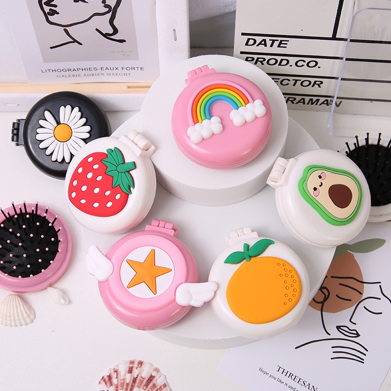 Colorful Fruit Food Animal Pattern Cute Fold Plastic Hair Care Massage Airbag Comb with Mirror Hair Styling Tool