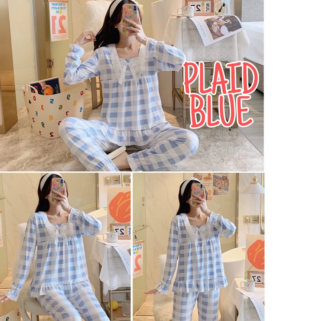 PIYAMA LACE WANITA IMPORT SETELAN BAJU TIDUR KOREA IMPOR DAILY SANTAI LENGAN PANJANG