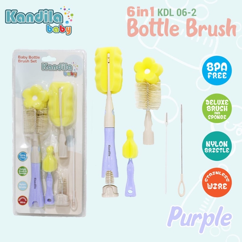 KANDILA / CROWN 6in1 SIKAT BOTOL Susu + Sedotan + Dot Bayi - Bottle + Straw + Nipple Brush SET - DELUXE - PA FREE