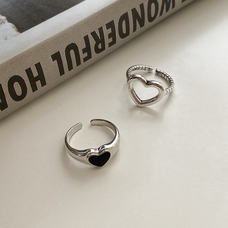 AY(CN) Set Cincin Desain Butterfly Moon Heart Aksen Permata Hitam Warna Silver Gaya Retro Untuk Wanita