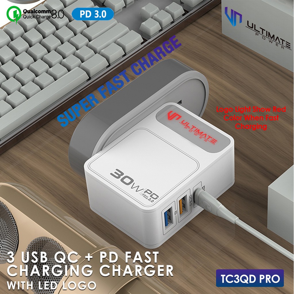 Ultimate Power 3USB QC+PD Fast Charging Charger With LED Logo