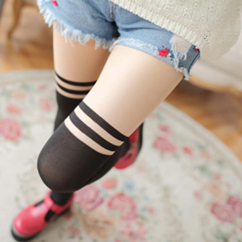 PH 06-08 pantyhose stocking strip black overknee socks kaos kaki two tone