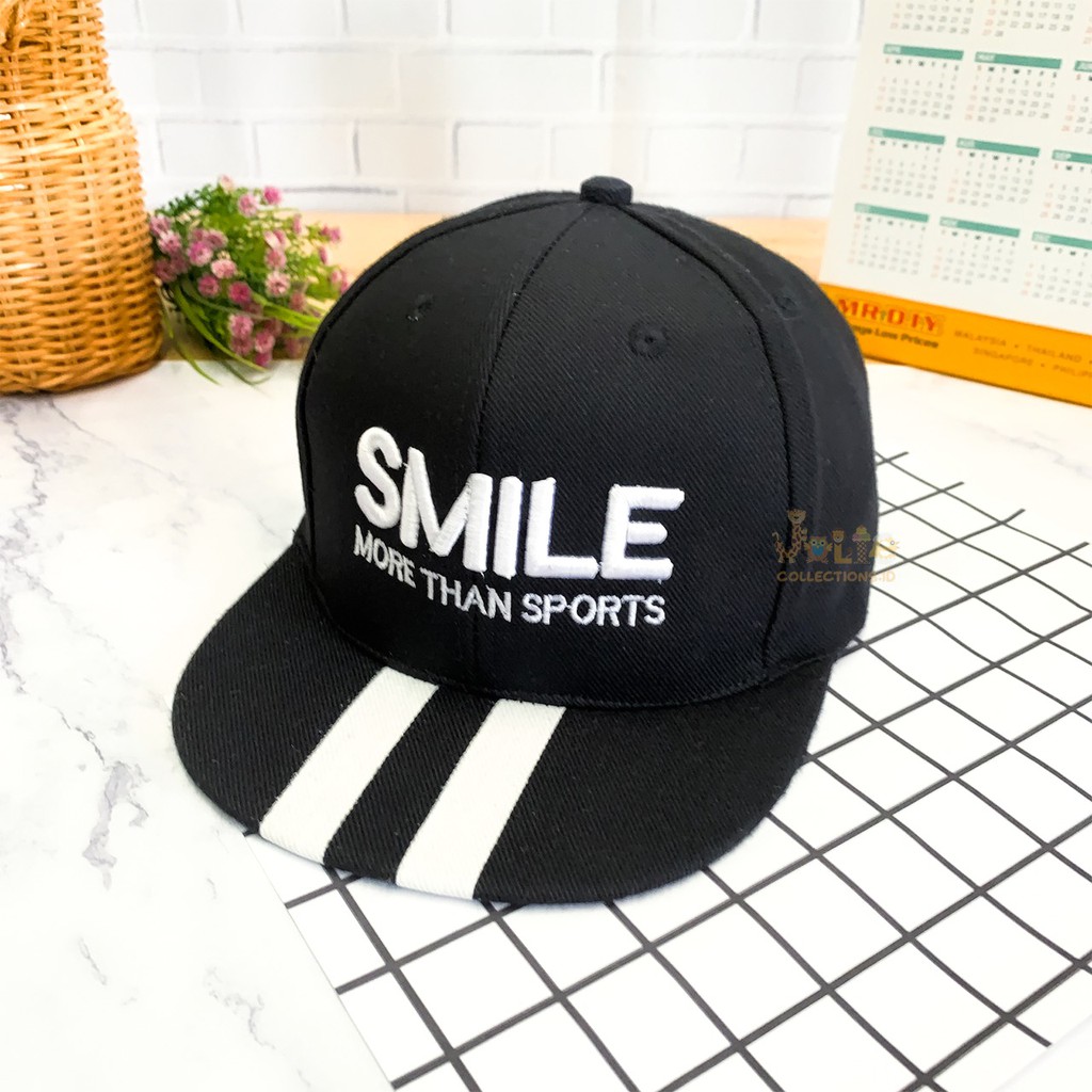 JOLIECOLLECTIONS.ID | TOPI ANAK FASHION HAT BORDIR TULISAN SMILE MORE THAN SPORTS UNISEX SNAP BACK-SMILE SPORT-HITAM