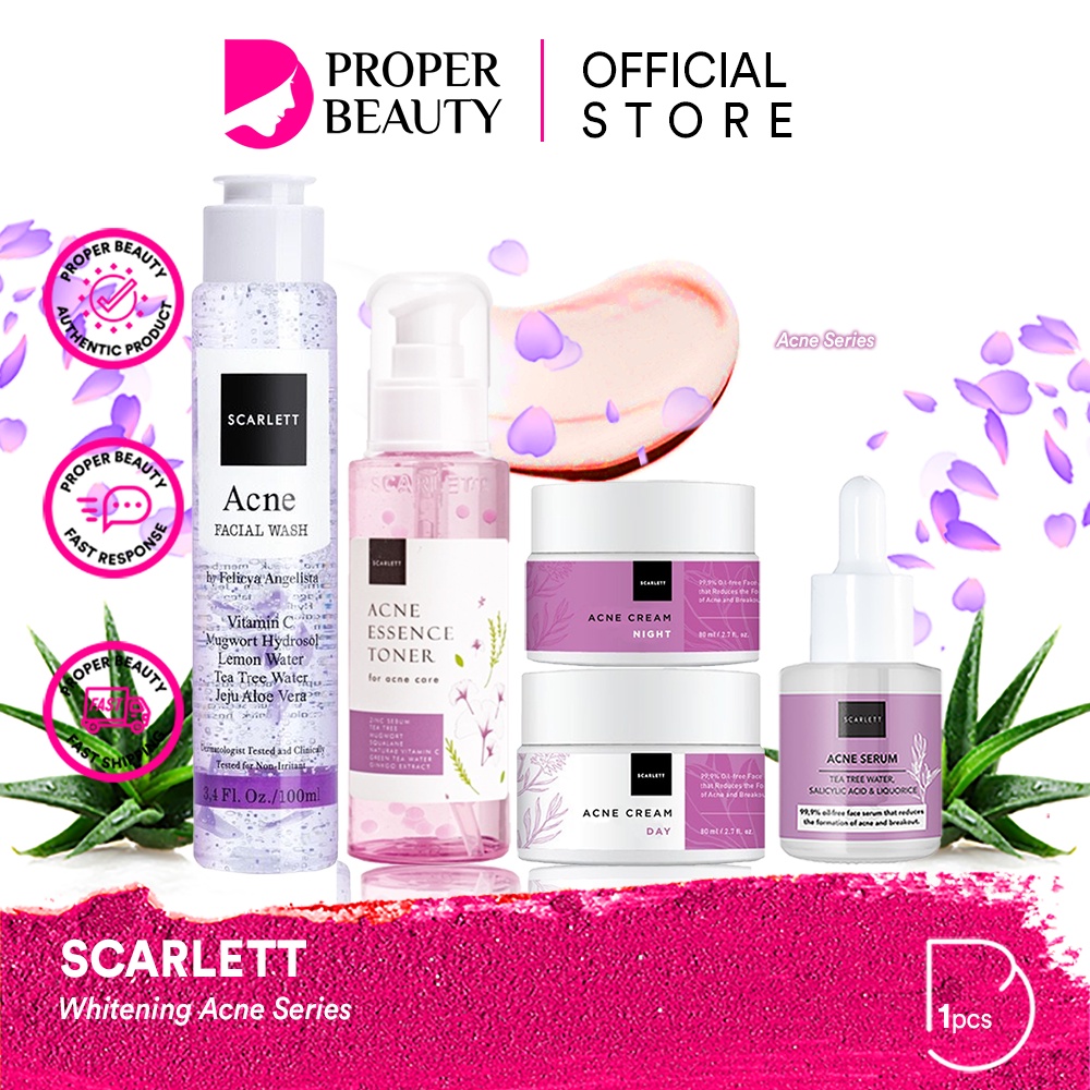 SCARLETT Whitening Acne Series Indonesia / Acne Skincare Berjerawat Face Care / Cleanser Facial Wash Essence Toner Serum Day Night Eye Cream Moisturizer Sunscreen Mask / Body Shower Scrub Lotion Hair / Package Paket / Brightly Age Delay Set Lengkap Wajah