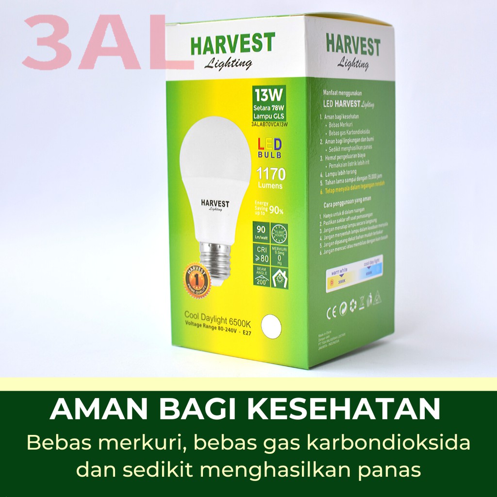 13W - Paket Isi 3 - HARVEST LIGHTING Lampu Bohlam LED A Bulb  13 Watt Lampu Hemat Energi Original Bersertifikasi SNI dan Bergaransi