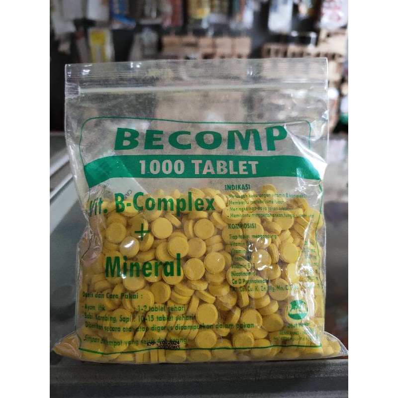 Becomp vitamin B complek  komplek+ mineral Untuk itik,ayam,kambing,sapi isi 1000 tablet