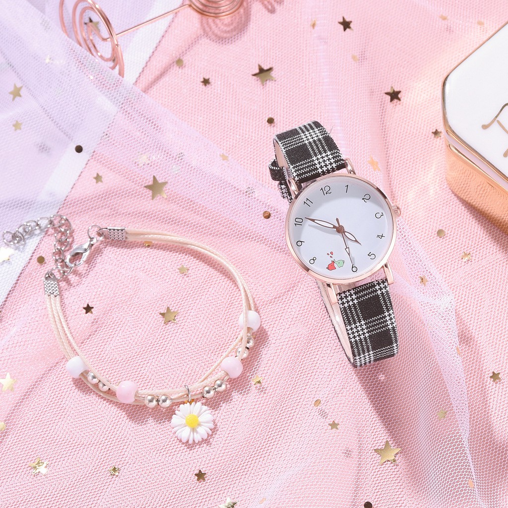 ✅ COD KUMA Jam Tangan Wanita Quartz Analog Motif Lucu Korean Fashion Dengan Tali Kotak-Kotak Import