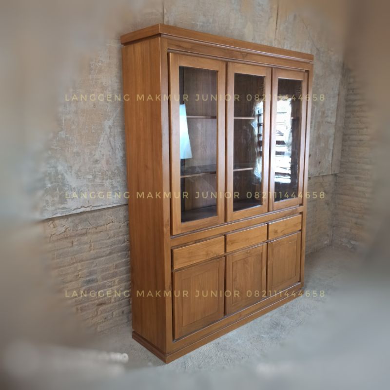 Lemari buku hias pajangan minimalis 150cm 3 pintu jati jepara