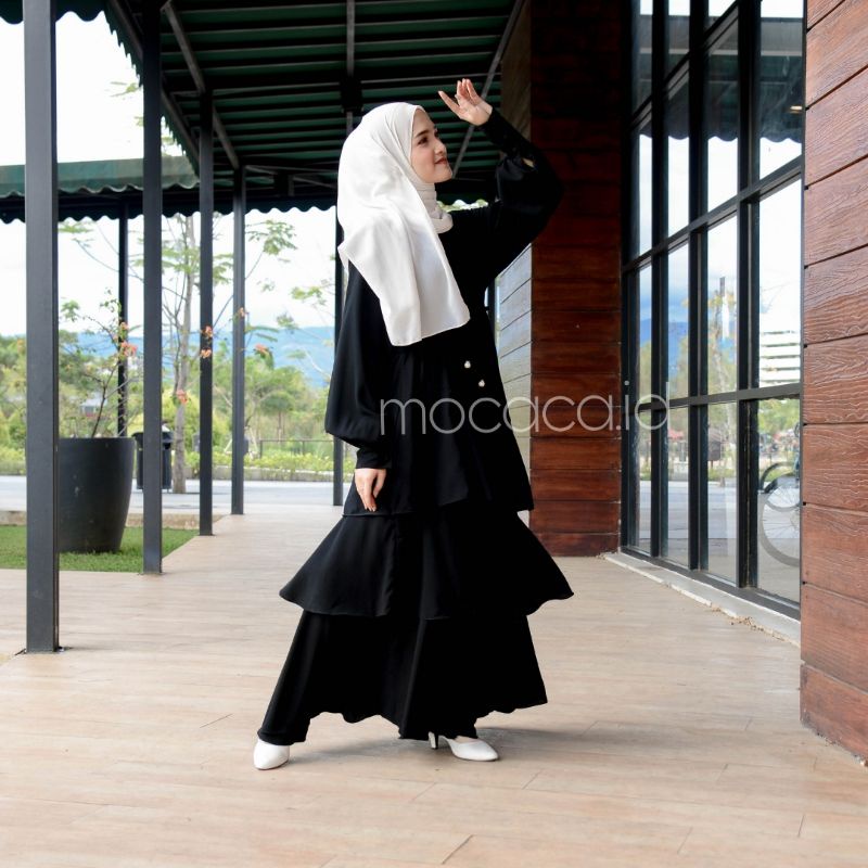 gamis susun hitam jetblack jet black pekat premium tidak nerawang bisa syari  sudah 1 set dengan pashmina jumbo busui friendly kancing lengan lebar limited edition