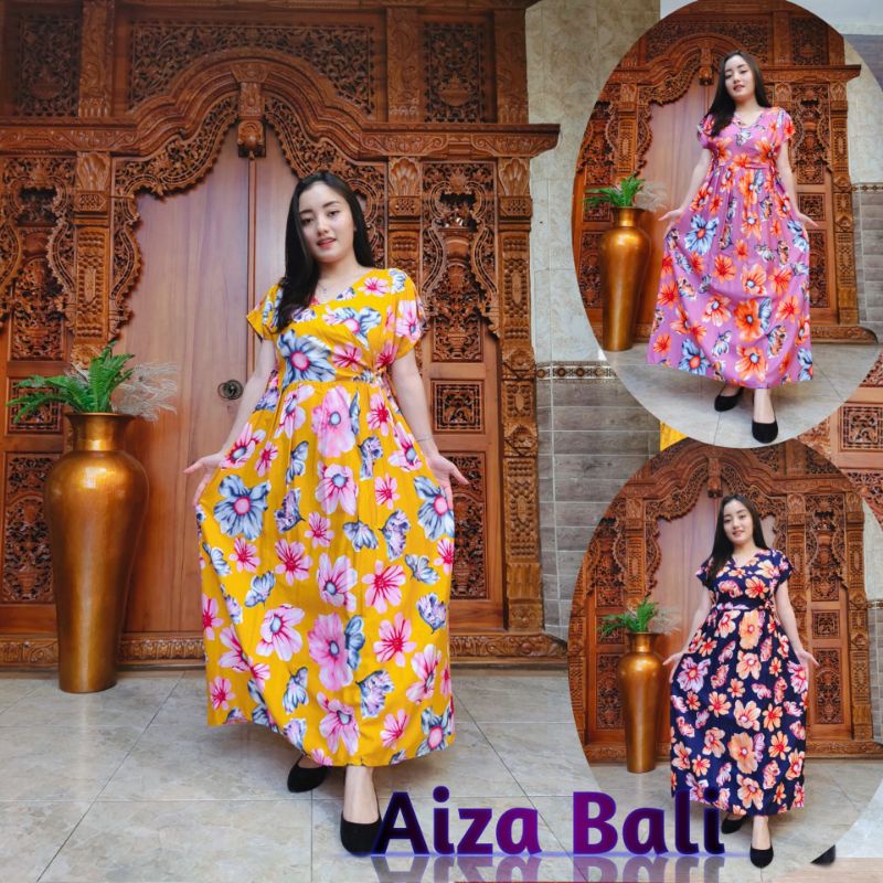 Dress Long Kimono Panjang Motif Mahkota Rayon Super Bali Dres Lengan Pendek Tali Terbaru Kekinian Pa