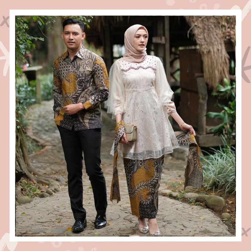 Couple Kebaya Luna Tunik Series Sage Green Latte Baju Batik Pasangan Outfit Wisuda Modern Kekinian Baju Lamaran Tunangan Seserahan Nikahan-1