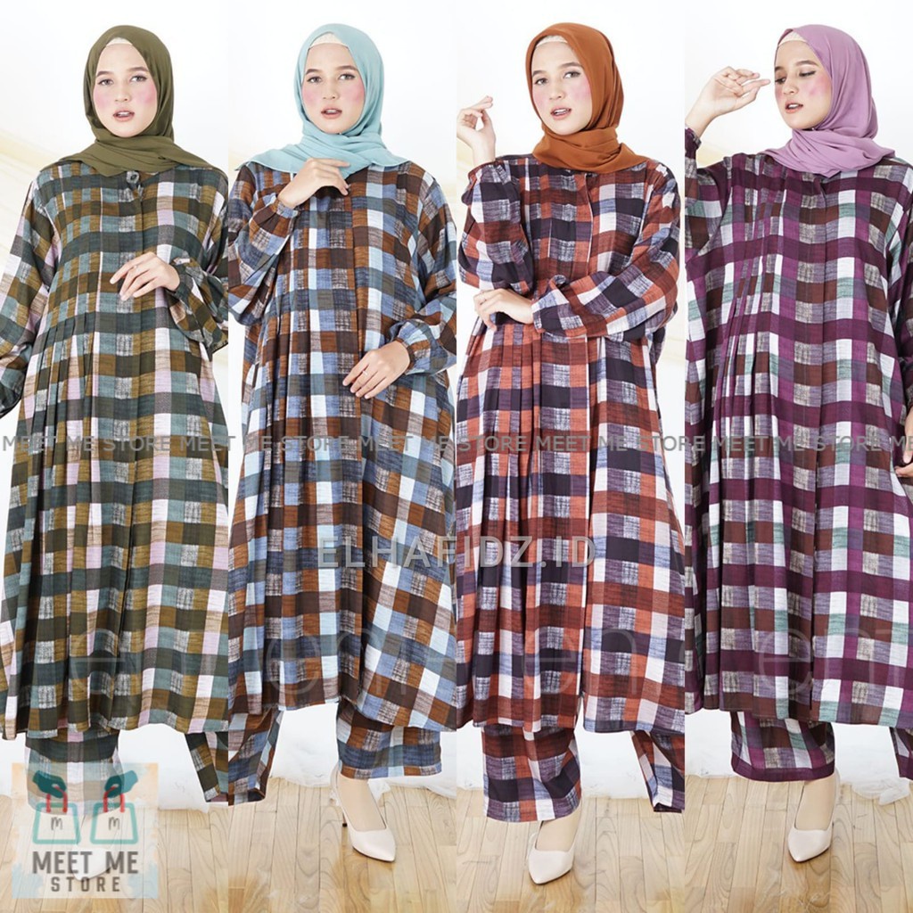 RUMANA Set / One Set Jumbo Rayon Motif Kotak / Setelan Muslim Wanita LD 135 / Stelan Long Tunik Big 