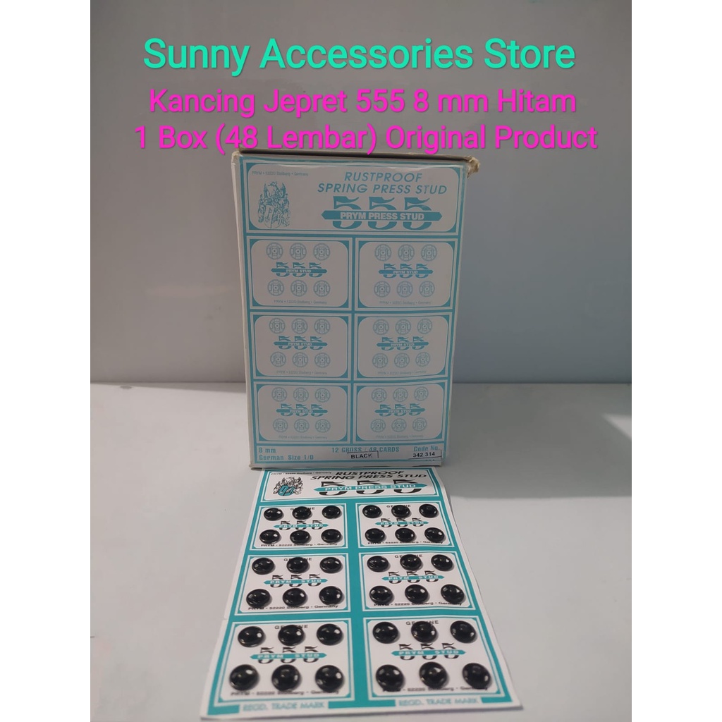 

Kancing Jepret Prym 555 Hitam 8 mm *Original Product*(1 Box=48 Papan 1 Papan=36 Set)