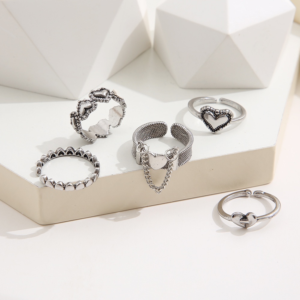 5pcs / Set Cincin Model Terbuka Adjustable Desain Hati Warna Silver Untuk Wanita