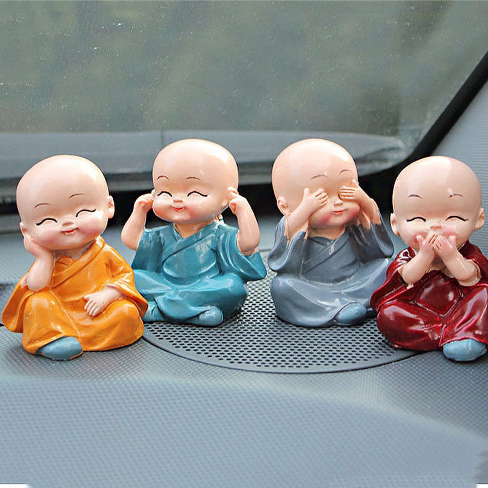 QUINTON 4pcs Ornaments Resin Shaolin Little Monk Small Buddha Kung Fu Boy Statue Miniature Home Decorative Crafts Car accessories