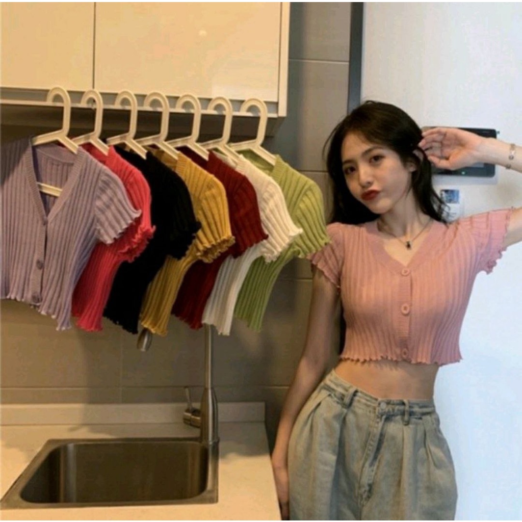 KOREAN LETTUCE V-NECK CROP TOP LENGAN PENDEK | CURLY CROP KNIT | ATASAN RAJUT KANCING