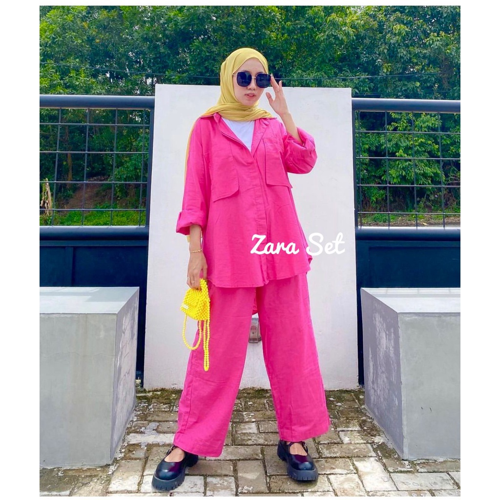 Zara Set Kemeja Full Kancing LD120 Bahan Katun Linen Premium