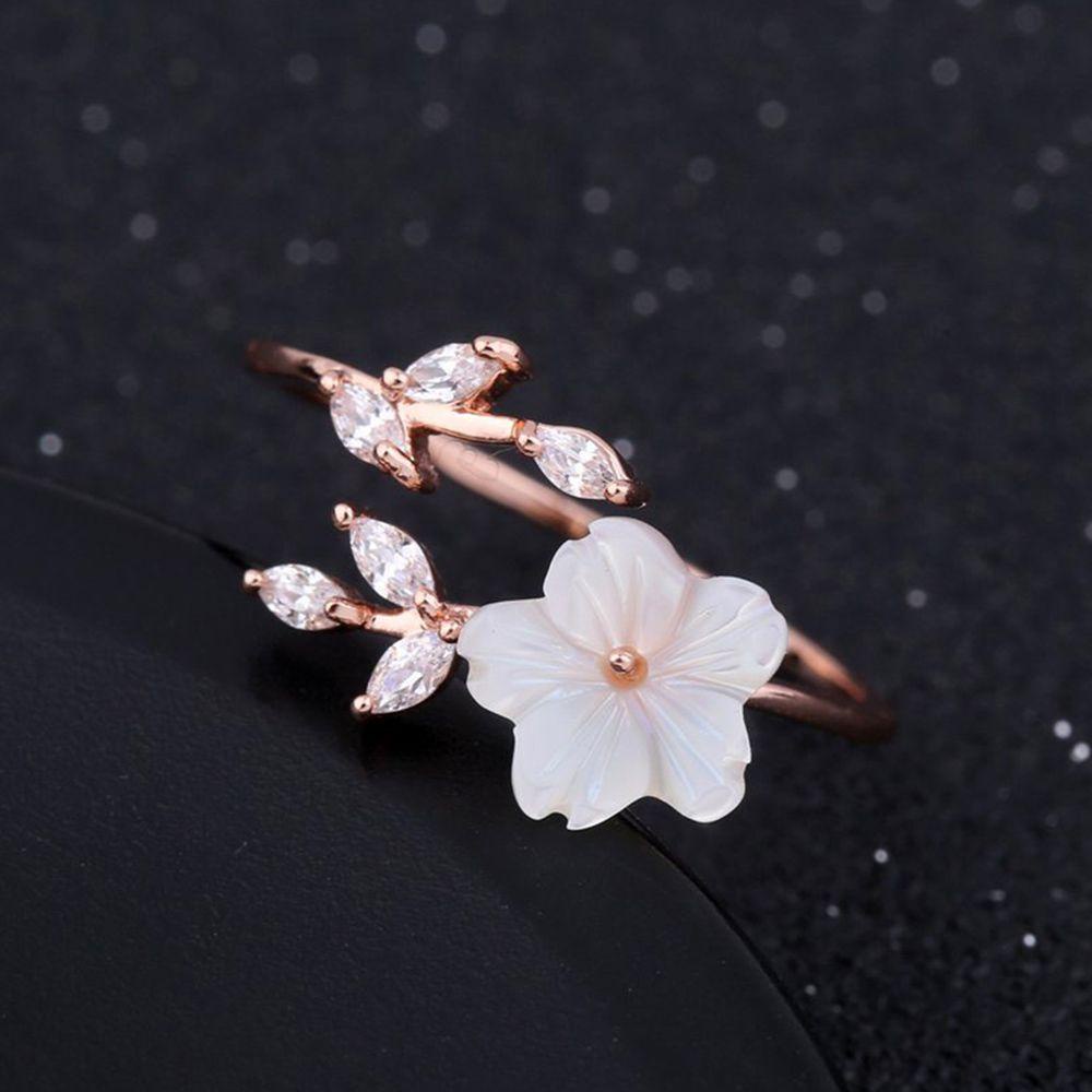 Needway Cincin Terbuka Daun Rose Gold Putih Zircon Shell