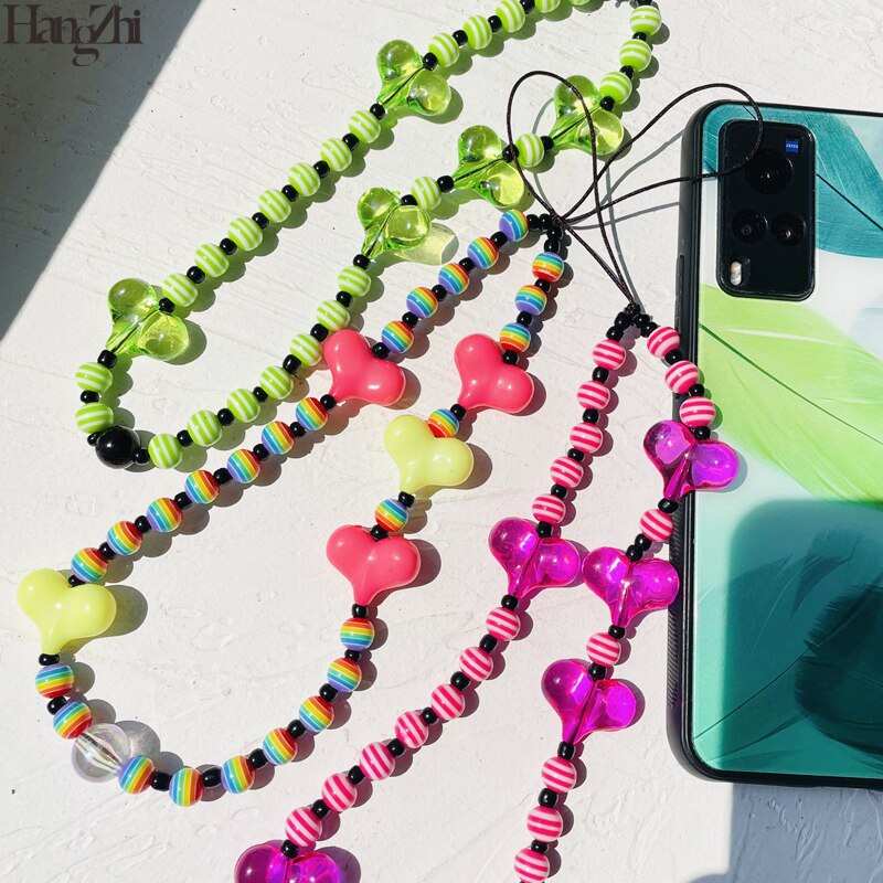 New Trendy Girls Phone Chain Colorful Acrylic Solid Heart Stripe Beaded Chain for Mobile Phone Hanging Rope