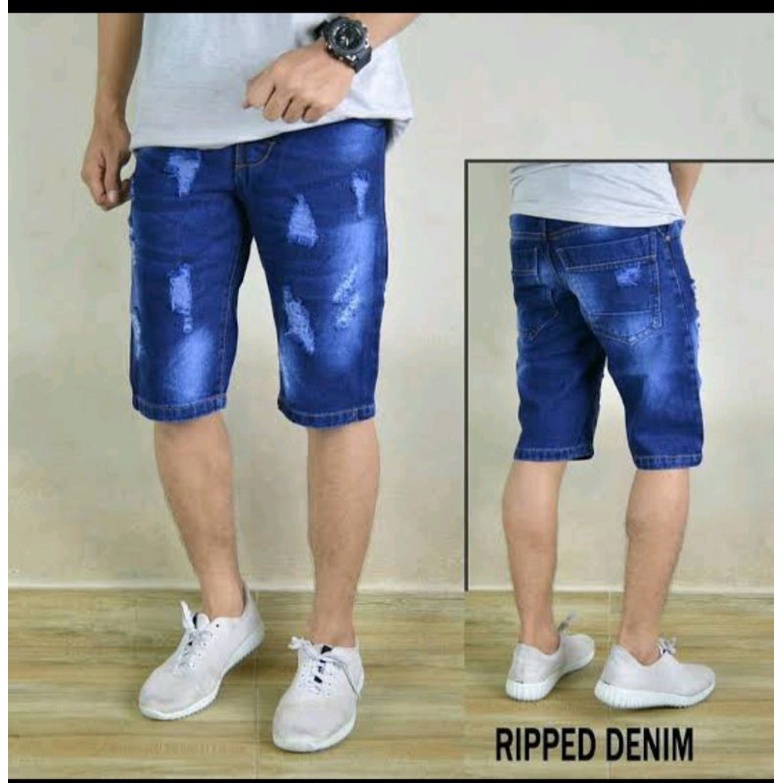 Celana Jeans Pendek Pria Celana Pendek Jeans Pria Model Sobek Wishker Celana Pendek Jeans Sobek  Ripped Pria