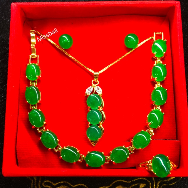 Set kalung giok hijau xuping  asli 24k,plating emas china asli,permata pakai batu giok hijau
