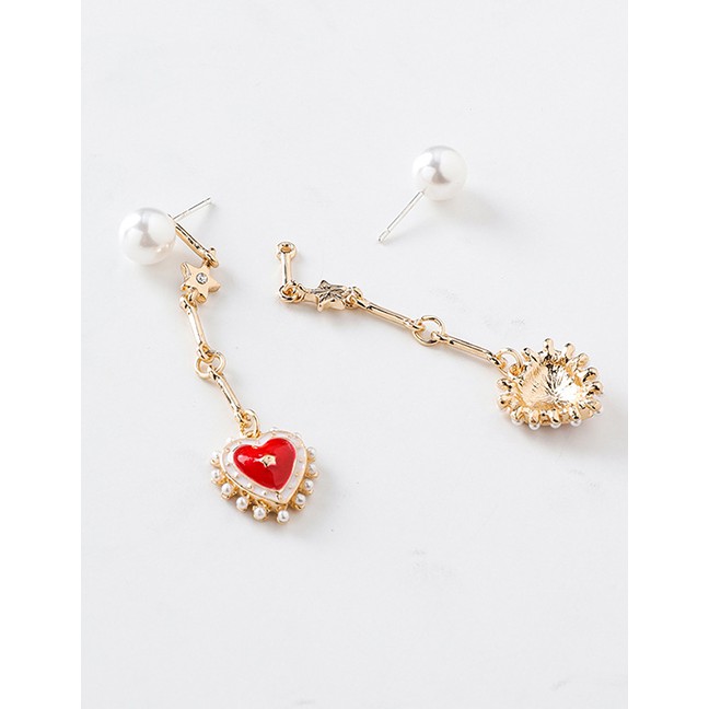 LRC Anting Tusuk Fashion Red 925 Silver Needle Pearl Rhinestone Love Earrings D28186