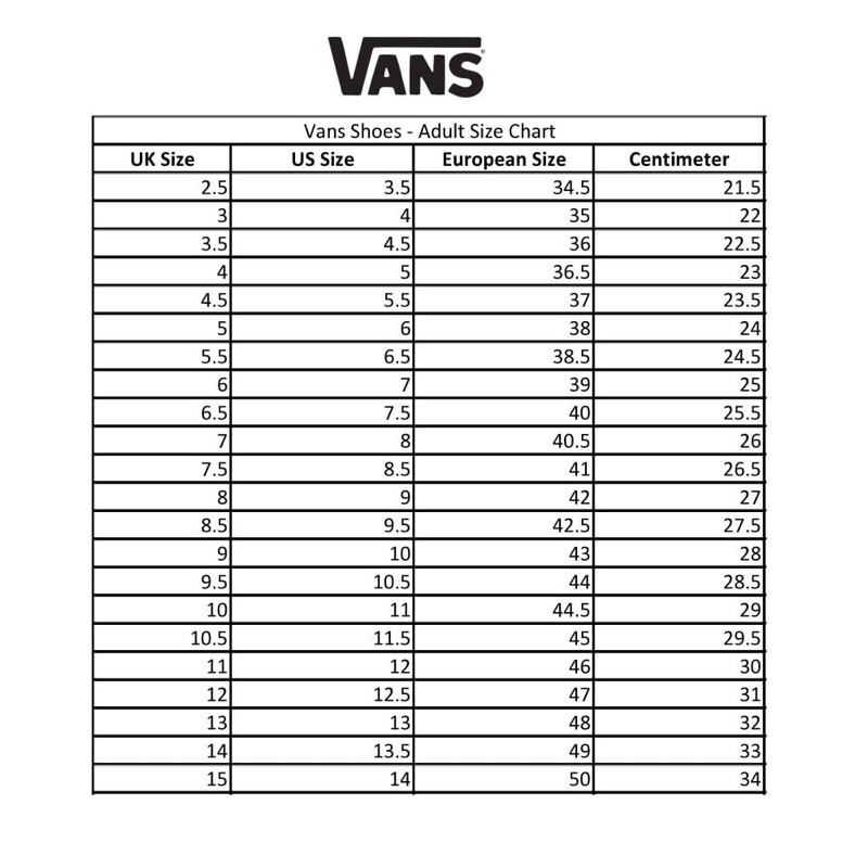 Vans Printable Size Chart