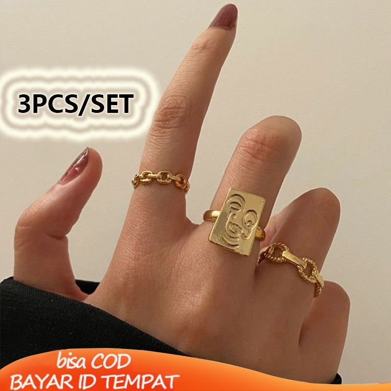 COD✨3 Pcs/set Cincin Emas Wanita Pria Korea Ins Cincin JKari Telunjuk Ring Gaya Punk Hip Hop Unisex Aksesoris Jewelry Fashion Murah Hadiah Ulang