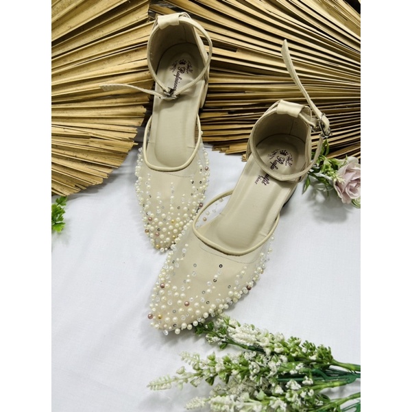 sepatu wanita cantik sepatu wedding shoes cream hak tahu tali 3cm
