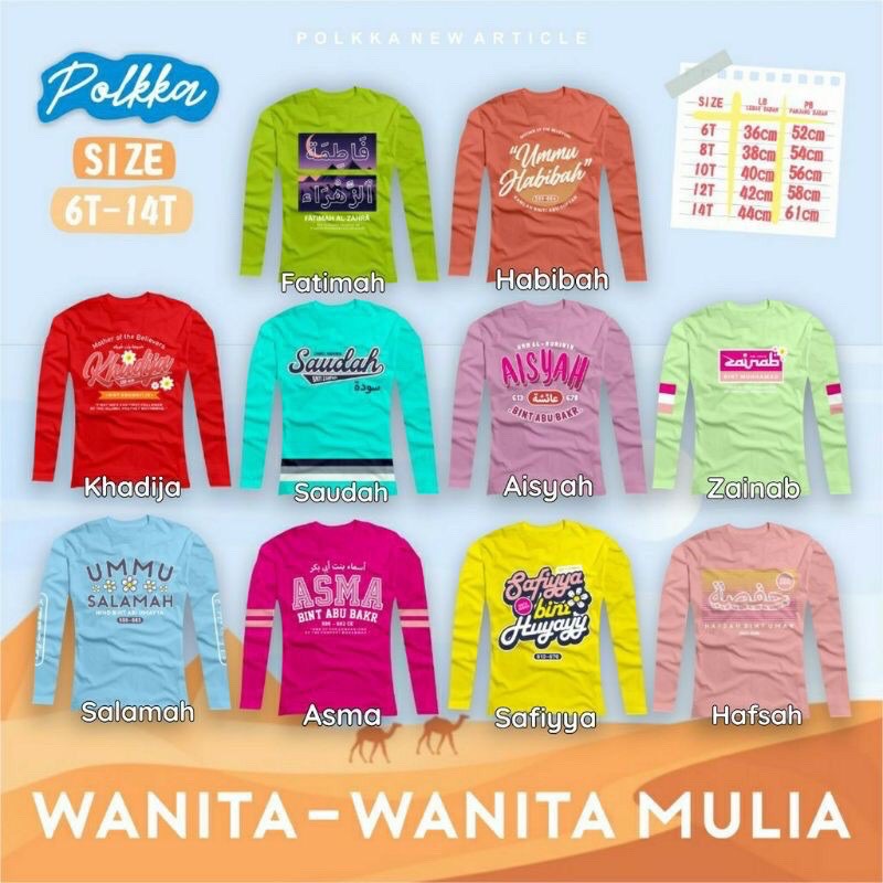 Kaos anak perempuan muslimah longsleeve wanita mulia polkka size 6-14 T kaos sahabat nabi polkka