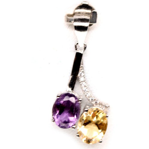 Batu Natural Citrine & Amethyst Kalung Liontin Perak 925 Lapis Emas Putih