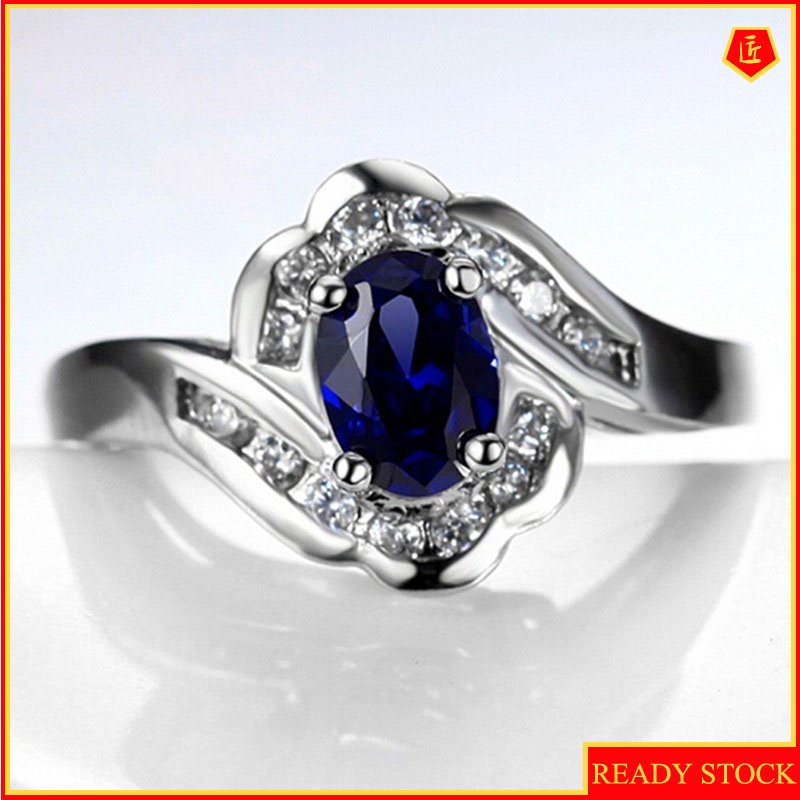 [Ready Stock]Dark Blue Gem Micro Inlaid with Diamond Ring 925 Silver Elegant Personality