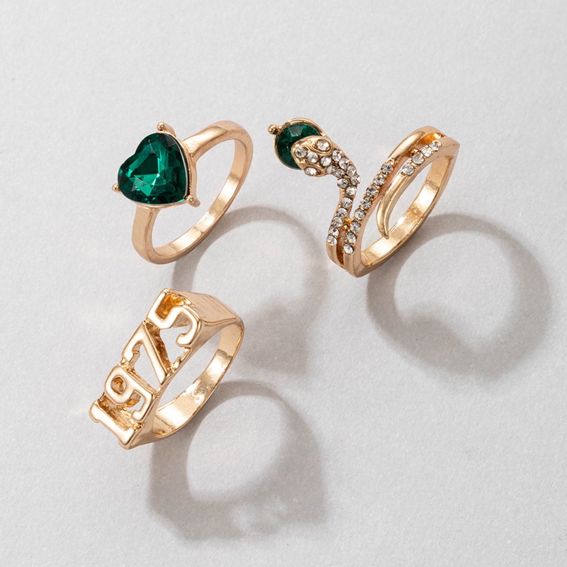 3pcs/Sets Shiny Green Crystal Stone Heart Wedding Ring Sets Snake 1975 Letter Alloy Metal For Women Men Jewelry