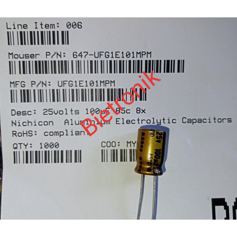 Kapasitor Fine Gold 100uF 25V UFG1E101MPM Original Nichicon