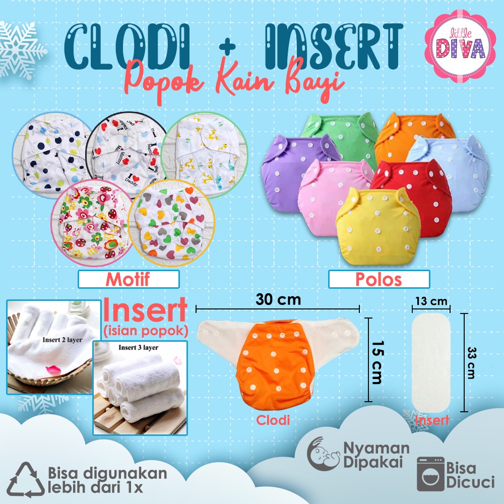 CLODI + INSERT Popok Bayi bahan Kain Kancing Cloth Diaper bisa dicuci pengganti diapers chn