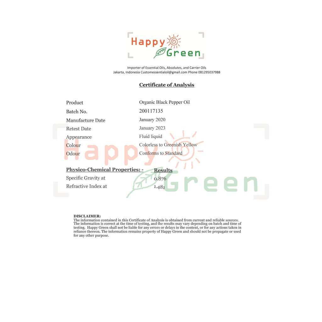 Happy Green ORGANIC Black Pepper Essential Oil - Minyak Lada Hitam